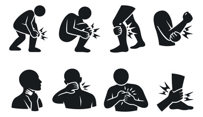 Obraz premium Silhouette icons set featuring people with knee, elbow, neck, chest, and ankle pain for medical diagrams and health awareness