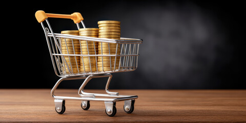 Golden coin stacks in shopping cart representing e commerce savings and financial growth