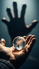Hand holding crystal globe, global responsibility concept