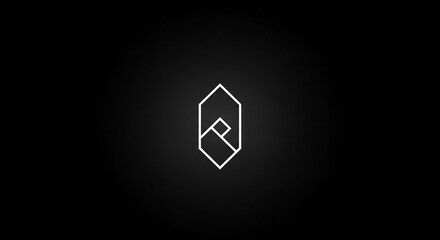 A minimalist white geometric abstract logo on a dark black background, featuring sharp lines forming an upward-pointing, stylized crystal or arrow shape.