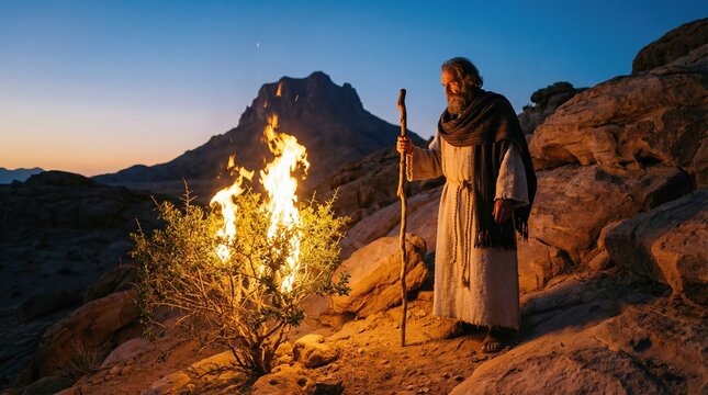 Moses looking at a burning bush on a rocky mountain. Biblical scene representing a divine revelation and faith journey. Religious concept.