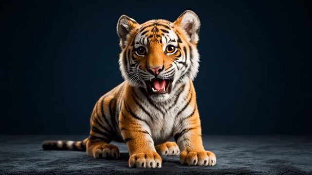 A close-up of a tiger cub with orange and black stripes, sitting with alert eyes