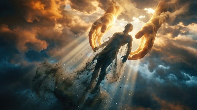 Gods hand creating man from dust in the sky, symbolizing the genesis of humanity. Religious concept of creation for spiritual content.