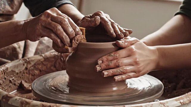 Close up of two people's hands shaping wet clay on a spinning potter's wheel during a creative workshop for craftsmanship concept and traditional art