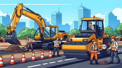 heavy road construction in an urban city street featuring manual workers machinery excavator steam roller orange safety cones and asphalt paving site