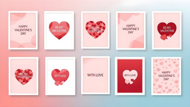 Collection of nine Valentine's Day greeting cards with hearts and loving messages.