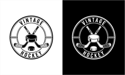 Vintage Hockey Emblem Design with Crossed Sticks and Puck in a Circular Frame.
