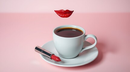 Surreal Coffee Concept with Floating Red Lips and Lipstick