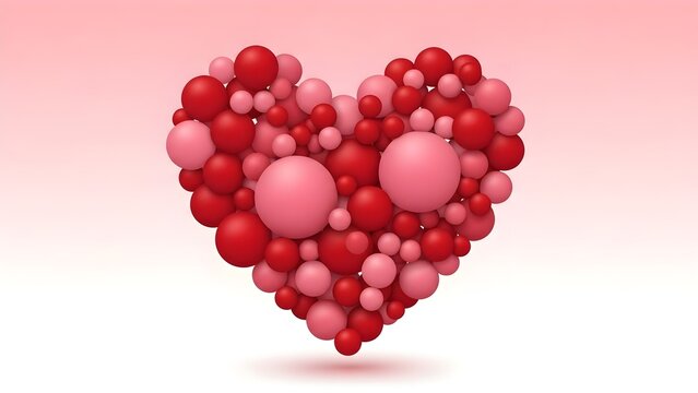 Heart shape formed by numerous red and pink spheres on gradient background
