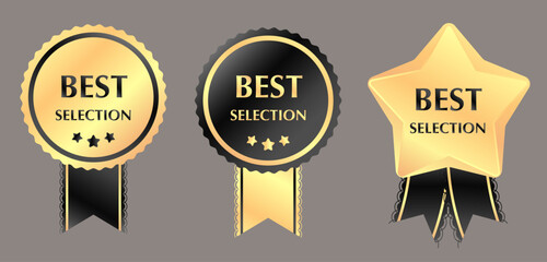Luxury gold and black Best Selection medal and star badge set. Elegant metallic awards with ribbons and lace edges for premium product ranking, quality certification, and corporate excellence.