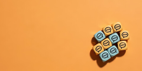 Cube icon orange chat discussion talking faq question communication business concept with colorful cube icon orange chat symbol for group discussion talking faq question and modern communication