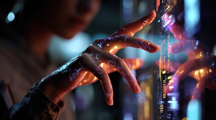 Conceptual Tech Scene Of Hand Engaging With Glowing Hologram Interface
