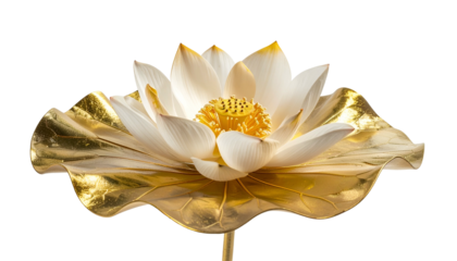 Exquisite macro shot of a white lotus flower with gold-leaf-covered petals, on a black background