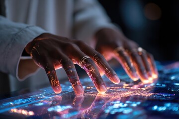 A close-up of a hand interacting with a floating holographic interface