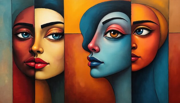 Abstract cubist art displays three split faces with vibrant colors. Faces show different emotions and skin tones. Geometric shapes form surreal human portraits. Artwork uses bold lines and shapes.