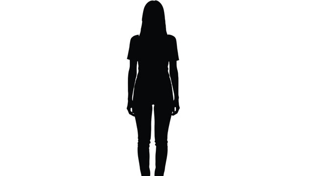 Woman standing back view silhouette representing female body profile fashion pose and minimal people icon
