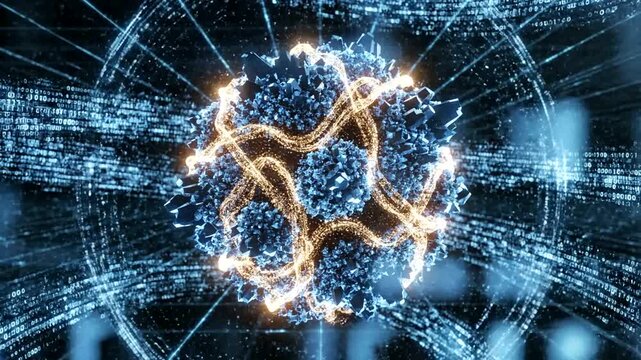 Abstract representation of a digital atomic structure with glowing lines