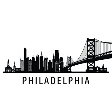 Philadelphia skyline silhouette featuring the ben franklin bridge and city
