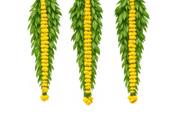 Indian marigold garland and mango leaves toran for festive decoration, traditional hindu celebration decor