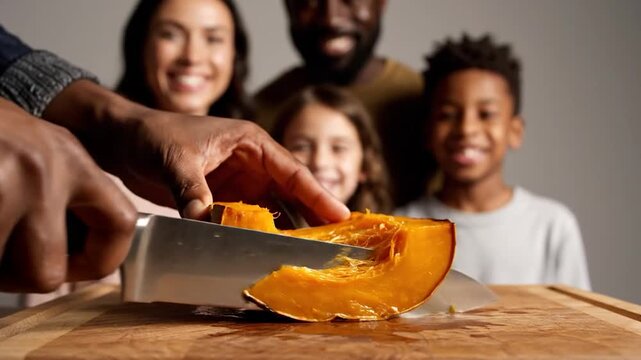 A family watches as a hand slices a pumpkin on a cutting board, close-up with knife, orange