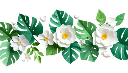 Decorative horizontal floral arrangement featuring paper-crafted white flowers and green leaves