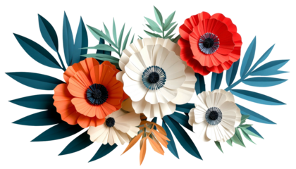 Vibrant paper flower arrangement with multiple blooms and lush foliage against a black backdrop