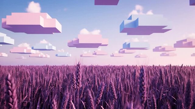 A surreal wheat field with blocky pink and blue clouds floating in a gradient sky