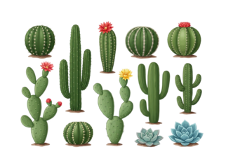 Variety of Illustrated Cacti and Succulents with Flowers on Transparent Background, Botanical Decor Design