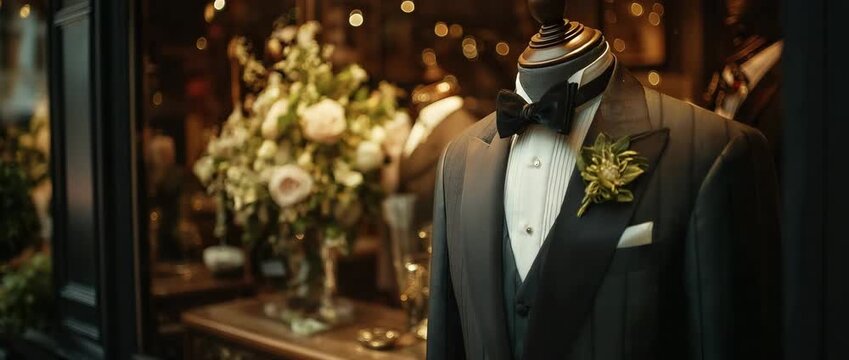 A mannequin at a shop wearing a tuxedo and bow tie