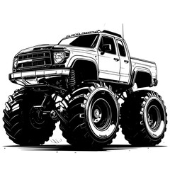 Isolated vector illustration of a monster truck, retro car, and old farm truck machinery equipment for agriculture and off-road transportation