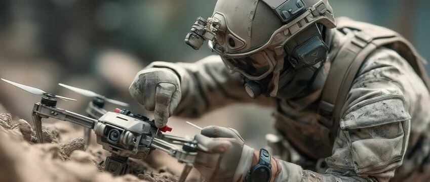 To attack enemy locations, a model soldier fpv operator mounts a bomb to a drone.