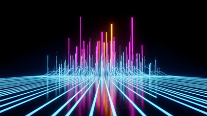 Vibrant digital waveform visualization with glowing neon lines and bars