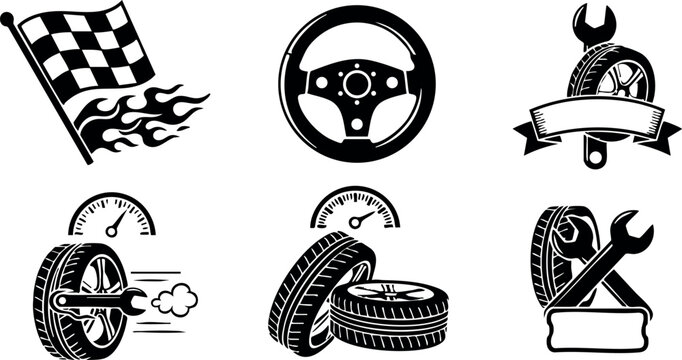 Racing car steering wheel, speedometer, tire and wrench service vector icons collection of automotive parts and motorsport elements - Powered by Adobe