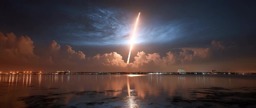 Aerospace engineering spaceflight and propulsion testing are shown by a rocket launch over water at night, plume reflection, and launch pad cloud.
