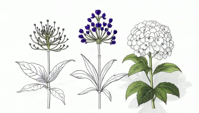 Hydrangea flower botanical illustrations with leaves.