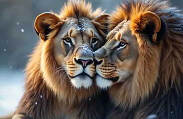 Fototapeta premium Two lions nuzzle closely with snow on their faces. Majestic big cats share tender moment together during cold winter day in natural habitat.