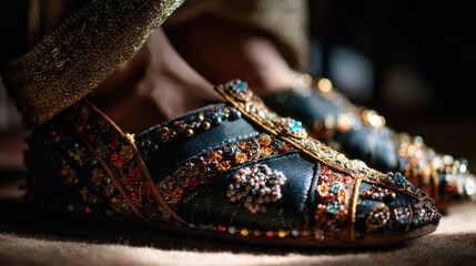 A close-up of traditional Indian shoes (juti or mojari) on feet, showing detailed embroidery, beadwork, or metallic embellishments