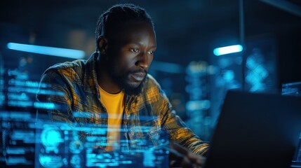 A focused individual interacts with a laptop, surrounded by digital data and technology in a modern workspace.