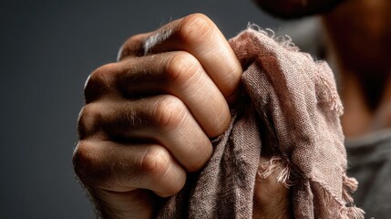 Close Up of Hand Gripping Fabric Showing Tension and Emotion
