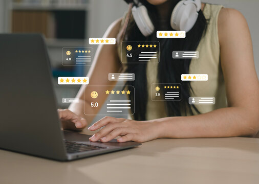 Rating services based on user experience: Consumers give five-star ratings and provide feedback on quality. Business reputation ranking from buyers; online customer satisfaction.