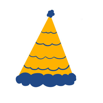 A vibrant yellow party hat adorned with playful blue diagonal stripes. Topped with a fluffy pom-pom, this illustration radiates festive energy and birthday cheer.