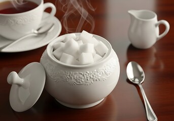 Steaming hot beverage service includes a white ceramic sugar bowl filled with refined white cubes