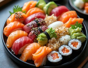 Plate full of assorted sushi featuring salmon tuna and california rolls. Garnished with avocado and sesame seeds fresh asian cuisine ready to eat. Delicious Japanese meal.