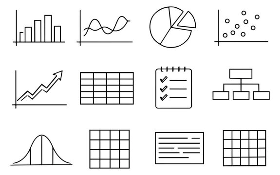 Hand drawn line art business and data charts set featuring charts, graphs, spreadsheets, and data organization tools for analytics, reporting, and presentations