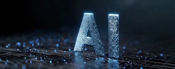 A futuristic representation of "AI" illuminated with digital elements, showcasing technological advancement in artificial intelligence.