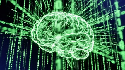 A glowing green brain outline surrounded by radiating lines and binary code on a dark background - Powered by Adobe