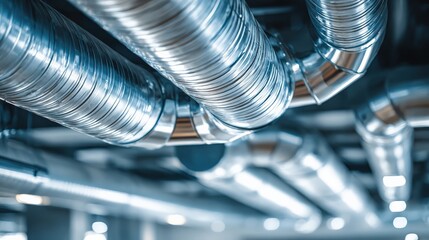 A close-up view of metallic ductwork, showcasing the sleek, shiny pipes that are part of an HVAC system in a modern building.