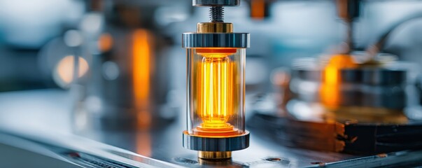 A close-up view of a glowing, glass tube component, showcasing intricate design and warm, amber lighting, set against a blurred industrial background.