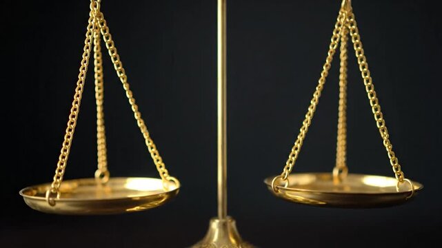 A golden balance scale hangs against a dark background, showcasing its intricate design
