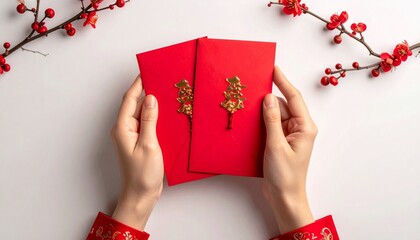 Hands holding red envelope with golden details, Lunar New Year gift concept, soft studio lighting, minimal background, copy space, commercial stock photo